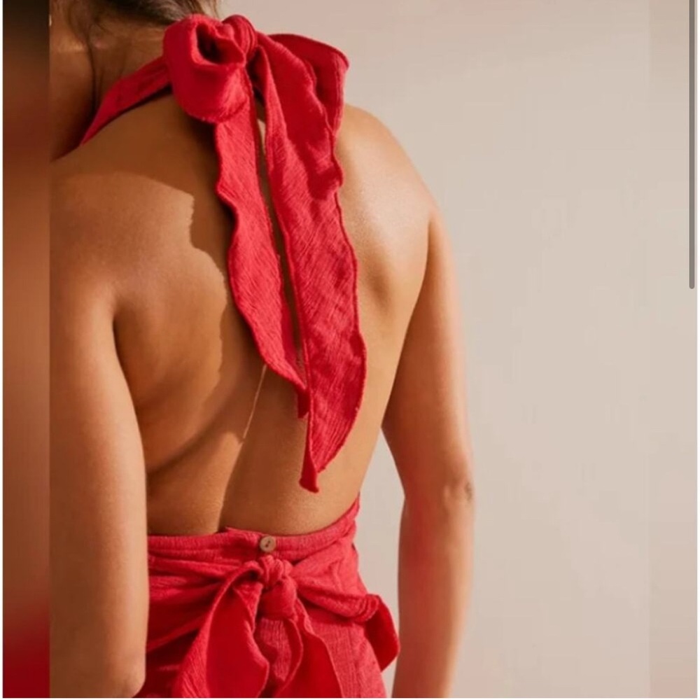 NEW Free People TAKE A DIP Midi Halter Tie Back Dress in Lychee Red Size L NWOT - Picture 3 of 9